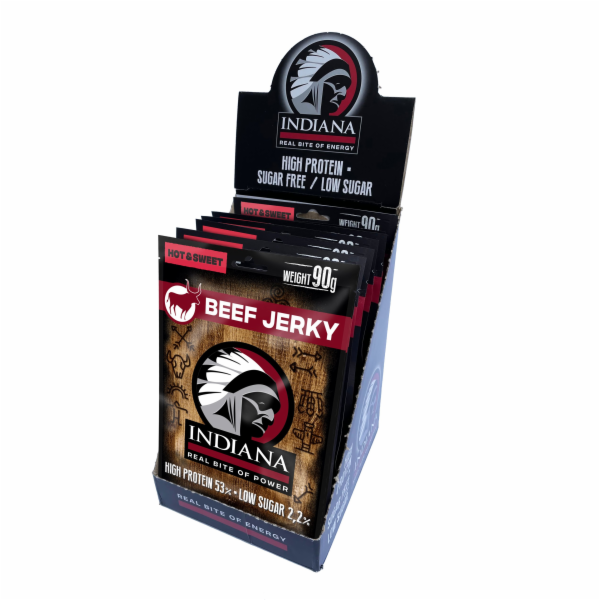 INDIANA Jerky hovězí Hot & Sweet ZIP 720g - display