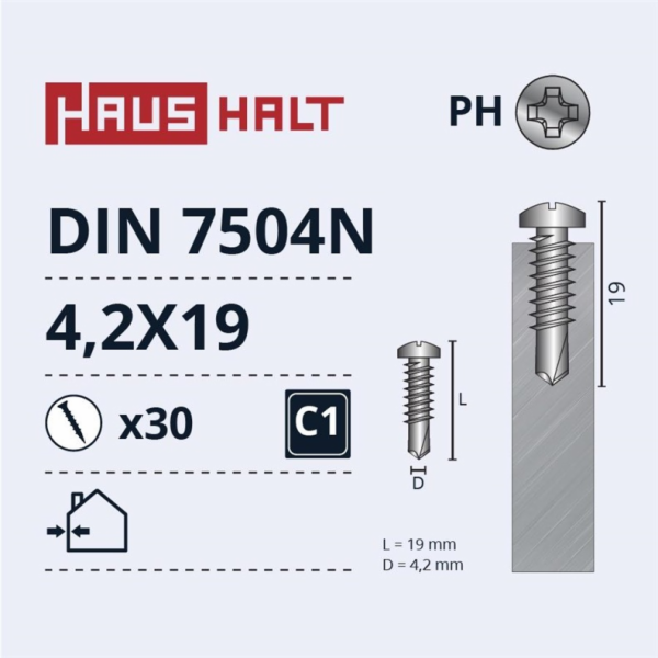 Samořezné šrouby Haushalt, DIN 7504N, 4,2 x 19 mm, 30 ks.