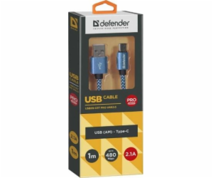 USB Defender USB-A – USB-C kabel 1 m Modrý (87817)