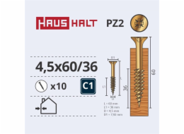 Vruty do dřeva Haushalt, 4,5 x 60/36 mm, ZN, PZ2, 10 ks.
