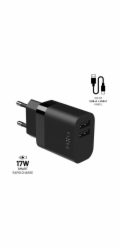 Set FIXED síťové nabíječky s 2xUSB výstupem a USB/USB-C kabelem, 1 metr, 17W Smart Rapid Charge, černá