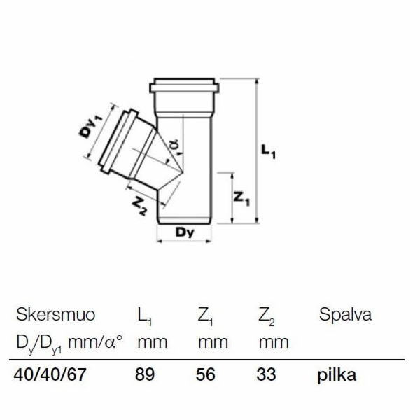 Vnitřní drenážní T-kus Wavin, O 40 / 40 mm, 67°