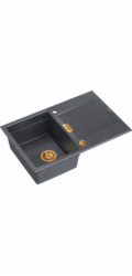Owen  111 dřez GraniteQ, dřez se sifonem Push 2 Open, 1-miska bez (760x500x215; článek 330x430) černý diamant / měděné prvky