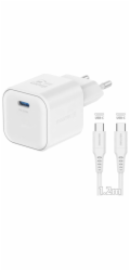 Swissten síťový adaptér gan 1x usb-c 20w power delivery bílý + datový kabel usb-c/usb-c 1,2 m bílý