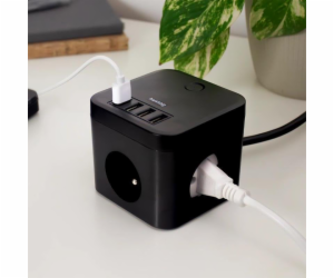 Huslog prodlužovací kabel 3x zásuvka + 4x USB, černý