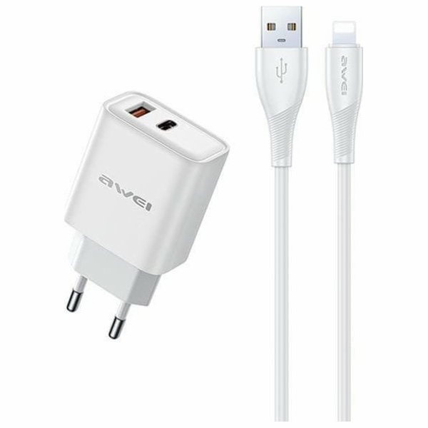 AWEI GaN PD81L 22,5W USB+USB-C nástěnná nabíječka + USB/L...