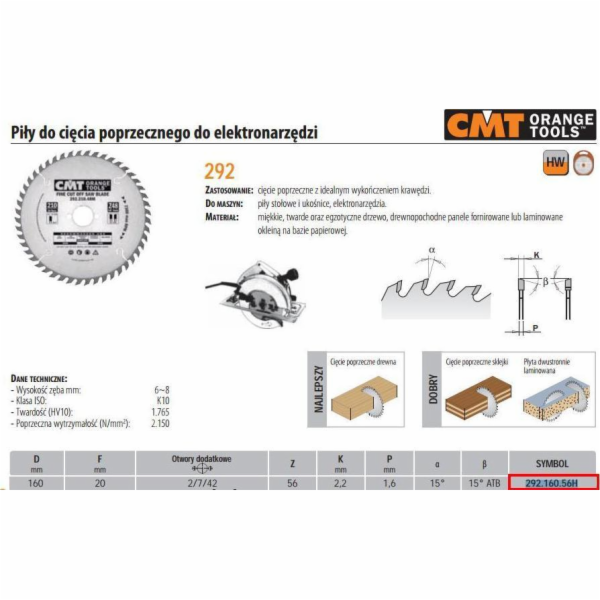 CMT 292.160.56H pila HM 160x20x2.2/1.6 Z=56