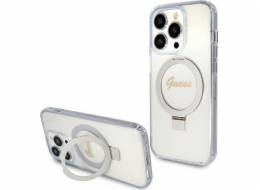 Guess Guess GUHMP15XHRSGSD Průhledný pevný kryt pro iPhone 15 Pro Max 6.7 s kroužkem a stojánkem, třpytkami a MagSafe
