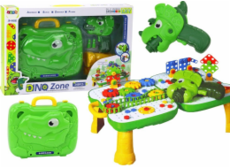 LeanToys Sada kufrový stolek pro kutily, puzzle bloky, dinosaurus, šroubovák, 249 dílků.