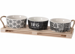 Excellent Houseware Sada na servírování svačin dřevěné prkénko a 3 porcelánové misky, O 10 cm