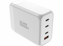 Silver Monkey Nabíječka SMA156 GaN 200W 3x USB-C PD USB-A QC 3.0 s odnímatelným napájecím kabelem - bílá