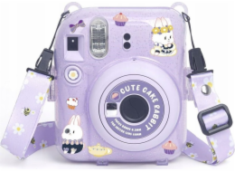 LoveInstant Pouzdro pro FujiFilm Fuji INSTAX Mini 12 + samolepky a kapsa na fotografie / roztomilý králík / fialové třpytky