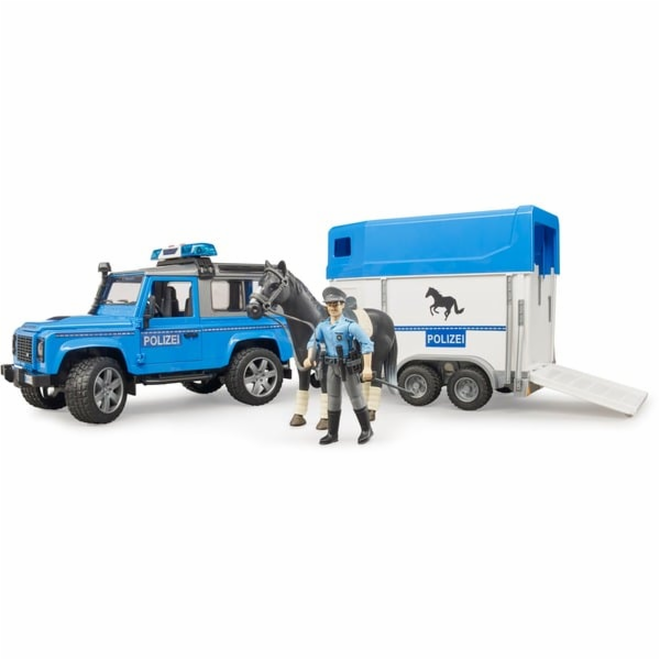 Bruder Land Rover Defender Policie s přívěsem na koně, fi...