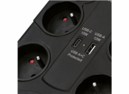 Solight přepěťová ochrana, 8z, USB A+CA, 2m, černá