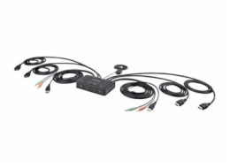 StarTech.com 2-Port Dual-Monitor HDMI Cable KVM Switch, 4K 60Hz, Compact KVM with 5ft/1.5m USB-A/HDMI/Audio Integrated Cables, Bus Powered - Remote Push Button/Hotkey Switching (C2-DH46-UA2-CBL-KVM) -