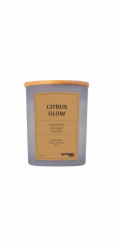 Donau Home Sójová svíčka v šedém skle, dřevěné víčko a knot, Citrus Glow, 200g