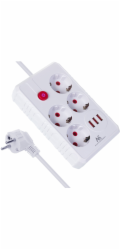 Maclean Prodlužovací kabel MCE392 W, 4 zásuvky, 3xUSB, 110-240V AC 50/60Hz, 2,1A max. 2500W, 1,5m bílý