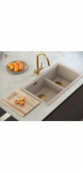 GraniteQ ČTVRÁK | LOGAN 120 | žulový kuchyňský dřez SOFT TAUPE + MĚDĚNÝ PVD | rozměry: 76 x 45 x 23,5 cm | 2komorová vložka | výška dna skříňky od: 80 cm