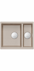 GraniteQ LOGAN 150 perleťově béžový dřez 56x46x22 cm 1,5-dřezový bez zapuštění + manuální sifon kartáčovaná ocel šetří místo