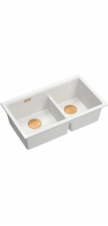 GraniteQ ČTVRÁK | LOGAN 120 | žulový kuchyňský dřez SNOW WHITE + MĚDĚNÝ PVD | rozměry: 76 x 45 x 23,5 cm | 2komorové zavěšené | výška dna skříňky od: 80 cm