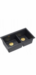 GraniteQ ČTVRÁK | LOGAN 120 | žulový kuchyňský dřez BLACK DIAMOND + ZLATÉ PVD | rozměry: 76 x 45 x 23,5 cm | 2komorové zavěšené | výška dna skříňky od: 80 cm