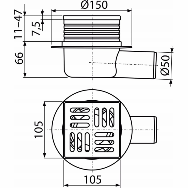 ALCADRAIN Odtoková mřížka 105×105/50 mm boční odpad výška...