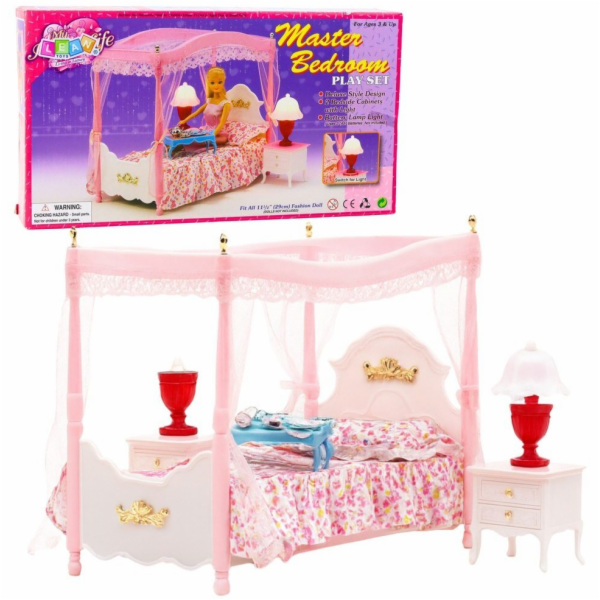 LeanToys Sada nábytku pro panenky: postel s nebesy, noční...