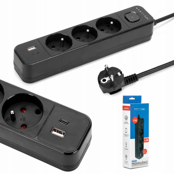 Montis Černý prodlužovací kabel se 3 zásuvkami a USB 5m M...