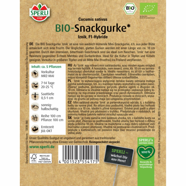 Sperli Seeds Bio Snack Okurka Iznik, F1