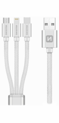 Swissten kabel Textile 3in1 mFi 1,2 m, stříbrná Swissten Datový kabel 3in1 MFi, 1,2 m, textilní, (micro USB, USB-C, Lightnings) stříbrný