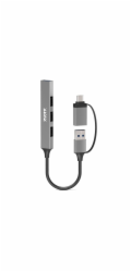 PORT CONNECT USB HUB, 1x USB 3.0 + 3x USB 2.0, USB-A/USB-C vstup, stříbrná