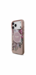 Guess Pouzdro IML Flowers s perleťovým řemínkem MagSafe pro iPhone 17 Pro Max růžové