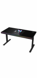 LORGAR stůl s volitelnou výškou, vestavěnou skříní pro PC, bezdrátovou nabíječkou, RGB a USB porty, tvrzené  sklo