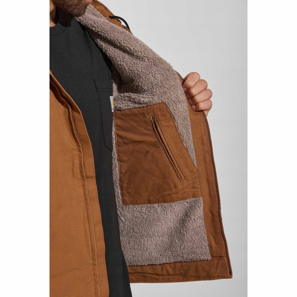 Carhartt Hnědá bunda Washed Duck s podšívkou z šerpy