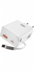 XO Nabíječka CE31 do zásuvky 1x USB 1x USB-C 30W bílá s výsuvným kabelem USB-C