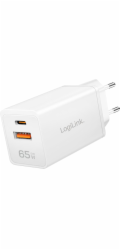 LogiLink Nabíječka LogiLink PA0371 USB GaN síťová nabíječka, 65 W, 1x USB-C (PD), 1x USB-A (QC), bílá