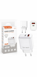 Teltech Nabíječka Síťová nabíječka Teltech GaN USB+TYPE-C 45W PD PPS bílá TCH-03