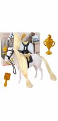 LeanToys Kůň s dlouhou hřívou, sedlo, pohár, kartáč, doplňky, bílý, LEAN Toys