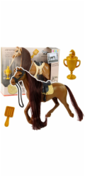 LeanToys Kůň s dlouhou hřívou, sedlo, kartáč, příslušenství, hnědá, LEAN Toys
