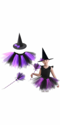 LeanToys Kostým čarodějnice, klobouk, sukně, koště, fialovo-černý kostým