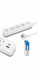 Montis 3zásuvkový bílošedý elektrický prodlužovací kabel s USB 1,5 m MT185-WG-1.5