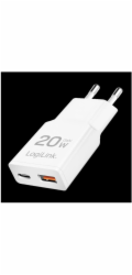 LogiLink Nabíječka USB do zásuvky, GaN, 2portová, USB-AF a USB-CF, PD 20W, tenká, bílá