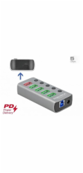 Delock Rozbočovač USB 3.2 Gen 1 se 4 porty + 1 rychlonabíjecím portem + 1 portem USB-C PD 3.0 s přepínačem a osvětlením 63263