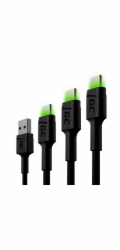Green Cell Set 3x Cable GC Ray USB-C Cable 30cm, 120cm, 200cm with green LED backlight, fast charging UC, QC 3.0