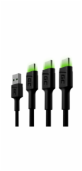 Green Cell Set 3x Cable GC Ray USB-C 200cm Cable with green LED backlight, fast charging Ultra Charge, QC 3.0