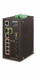 Planet IGS-5225-4UP1T2S průmyslový L3 switch, 5x1Gb, 2x2.5Gb SFP, 4x PoE 802.3bt 360W, dual 48-56VDC, -40~75°C, IP30