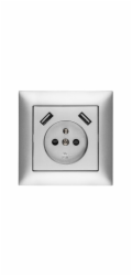 Elektro-Plast Sentia Jednoduchá zásuvka s/bez 16A s USB 2x2,1A 5VDC s krytkami a rámečkem stříbrná GPT 2P+Z 2xUSB (1488-06)