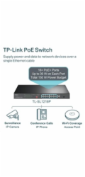 TP-Link CCTV switch TL-SL1218P (16x100Mb/s, 1xGbE uplink, 1xGbE/1xSFP combo uplink, 16xPoE+, 150W)