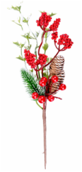MagicHome Vánoční větvička s bobulemi a šiškami, červená, zasněžená, 27 cm