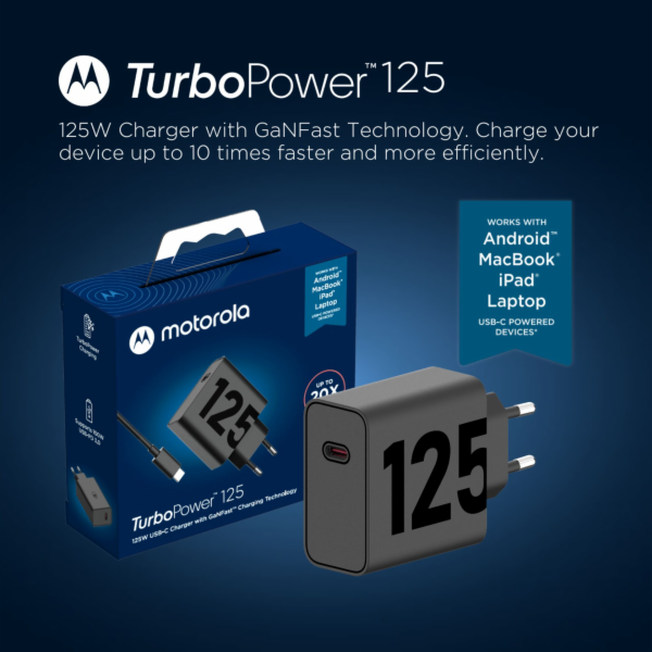 Motorola TurboPower 125W Charger  USB-PD 3.0 GaNFast + US...